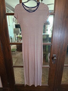 Olivia Rae New York Women Navy Blue Cream Striped Short Sleeve Maxi Dress Size M